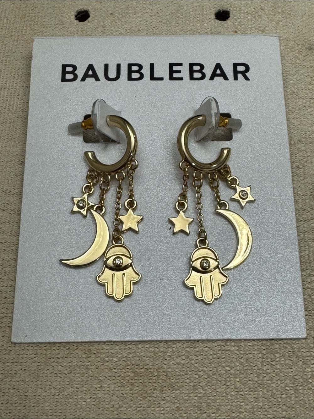 BaubleBar Gold Hamsa Moon & Star Dangle Earrings New in Card.
